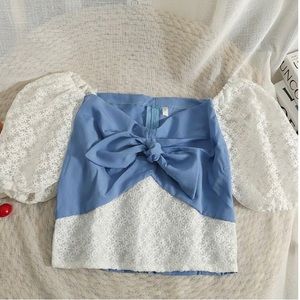 Prettiest Lace Blue Ribbon Crop Top